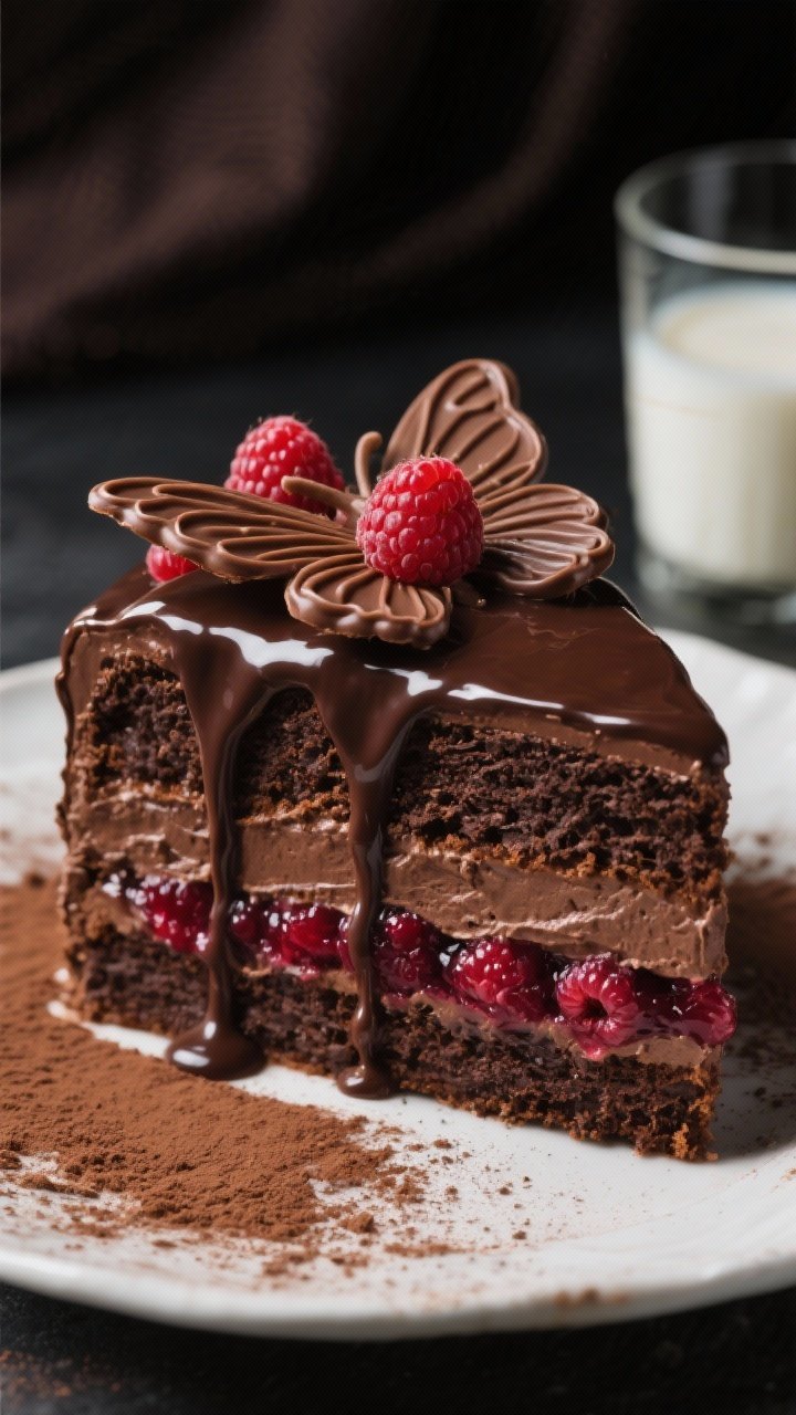13 Creative Butterfly Cake Ideas to Spark Your Baking Passion 3 Straight-on slice shot of a chocolate raspberry butterfly layer cake: dark cocoa layers sandwiched with raspberry compote and silky chocolate frosting, glossy ganache dripping down; butterfly wing accents piped in ganache on top with fresh raspberries nestled between “wings”; include cocoa powder dusting and a glass of buttermilk in background; moody lighting with dramatic highlights.