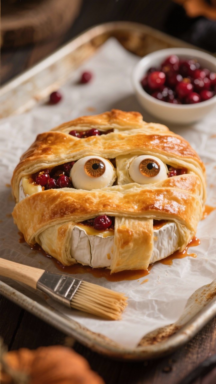 10 Halloween Appetizers for Party Adults That Bring Spooky-chic Flavor 6 Straight-on, tight shot of Mummy Brie in a Blanket: a small wheel of brie wrapped in thin puff pastry “bandages,” egg-washed to a deep golden brown, with a peek of cranberry-chipotle filling oozing at the seams; two tiny pastry “eyes” dotted with cranberry sauce; placed on a parchment-lined baking sheet with a pastry brush and small bowl of cranberry-chipotle nearby, cozy warm lighting.