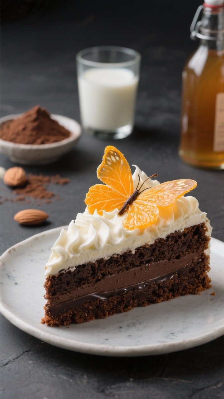 13 Creative Butterfly Cake Ideas to Spark Your Baking Passion 12 Straight-on vegan chocolate-orange butterfly cake slice: rich dark crumb with citrusy notes, glossy aquafaba frosting swooped into peaks, candied orange peel forming delicate butterfly “wings”; props include almond milk in a glass, cocoa powder, and apple cider vinegar bottle; modern, plant-based styling with matte charcoal background.