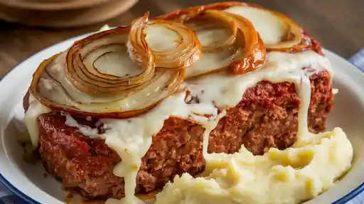 Crockpot French Onion Meatloaf with melted swiss cheese