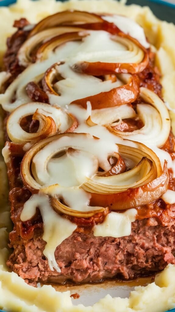 onion meatloaf with melted swiss cheese