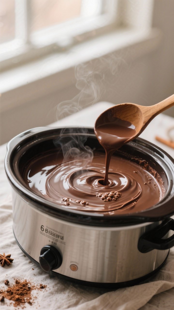 Crock Pot Hot Chocolate Recipe That Breaks the Internet: Ultra-Creamy, Crowd-Feeding, Zero-Stress Cocoa 1 Close-up cooking process shot: A 6-quart slow cooker half-open, revealing ultra-silky hot chocolate
