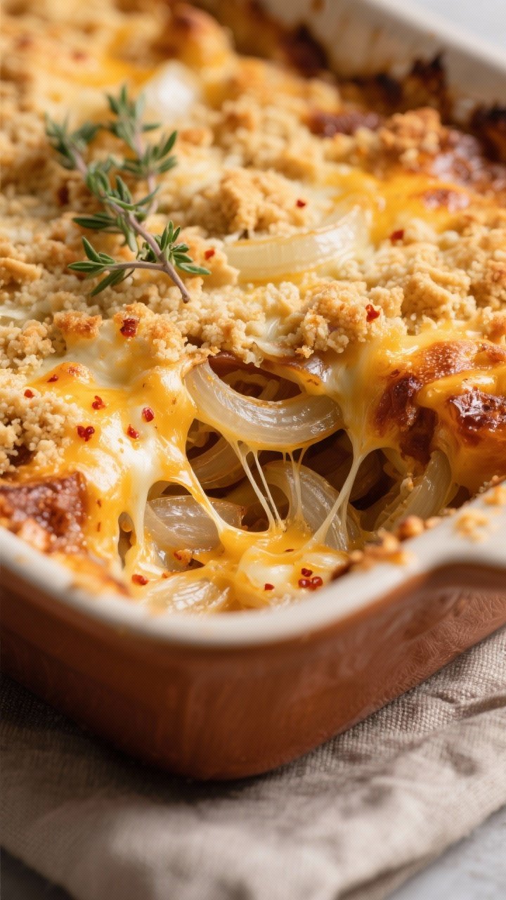 Tennessee Onion Casserole That Broke the Internet 1 Close-up detail: A bubbling Tennessee Onion Casserole just out of the oven, showing jammy, transluce