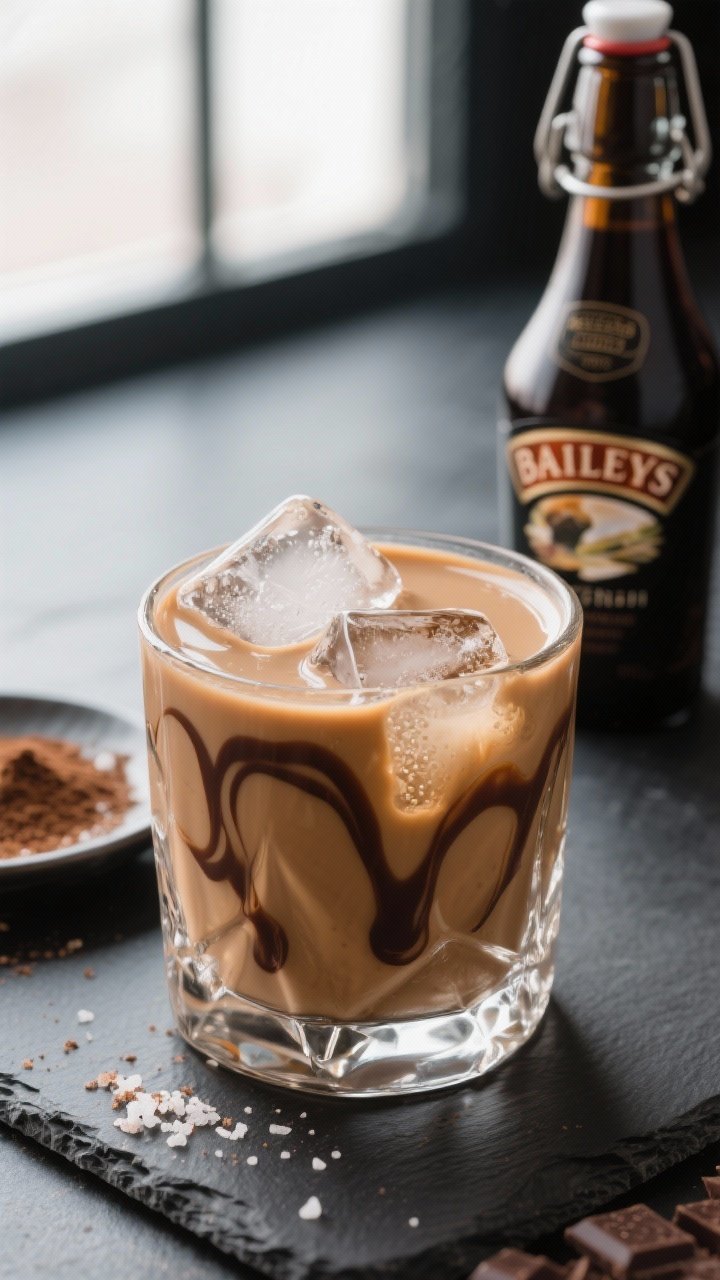 This Easy Homemade Baileys Irish Cream Recipe Is So Good You’ll Stop Buying the Bottle 1 Close-up detail: A chilled rocks glass filled with homemade Baileys Irish cream over large clear ice