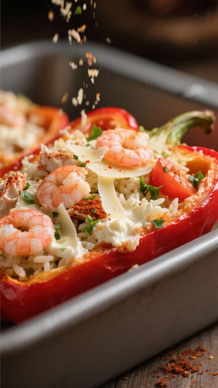 Close-up detail: A halved, par-baked red bell pepper being generously stuffed with the crab and shri