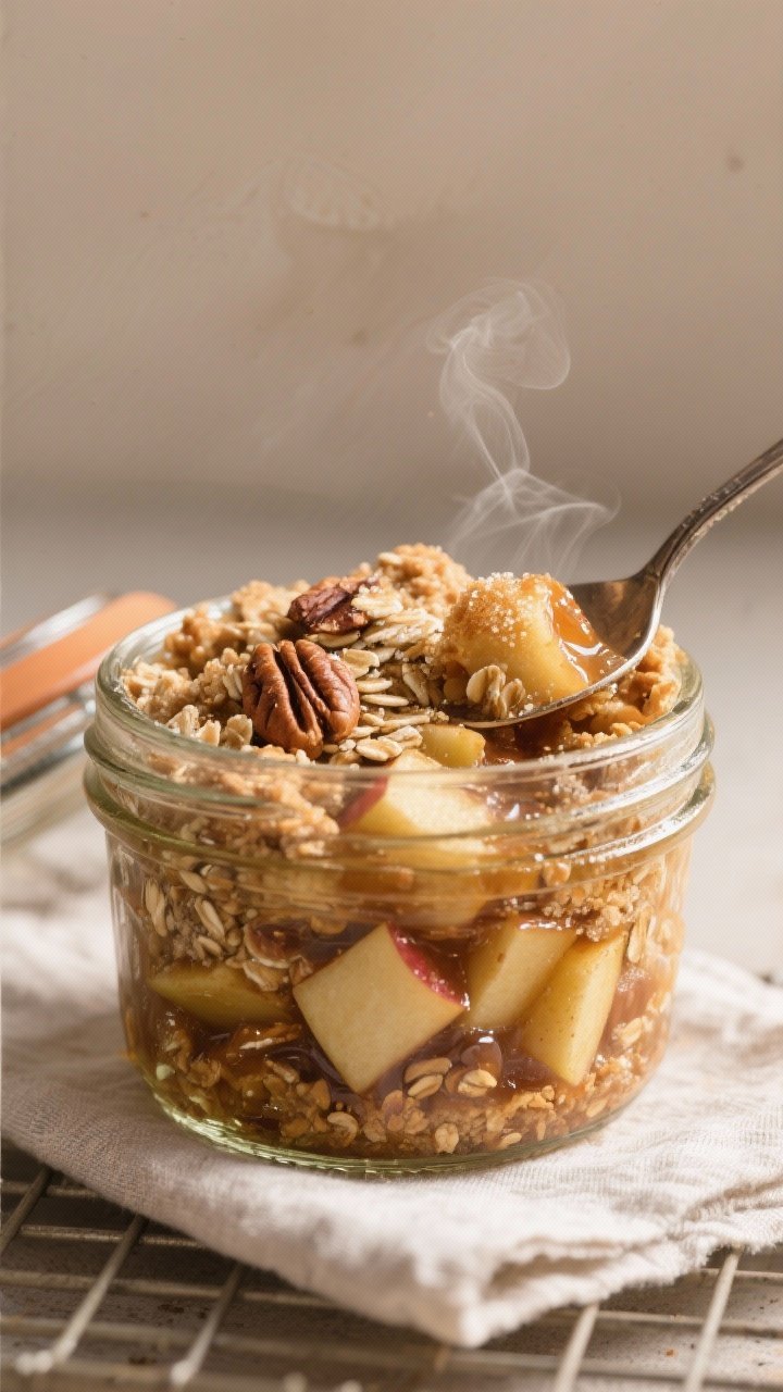 Close-up detail: A just-baked Apple Crisp in a Jar with the lid off, showing bubbling, glossy cinnam