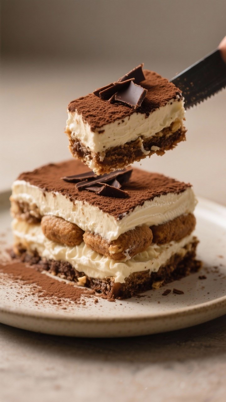 This Vegan Tiramisu with Cashew Cream Will Make You Forget Dairy Exists (No Oven, No Drama) 1 Close-up detail: A tight macro shot of a slice being lifted from the vegan tiramisu, showing distinc