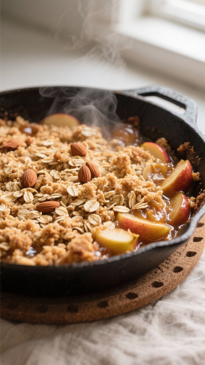 Close-up detail, cooking process: A 10-inch cast-iron skillet of gluten-free apple crisp just out of