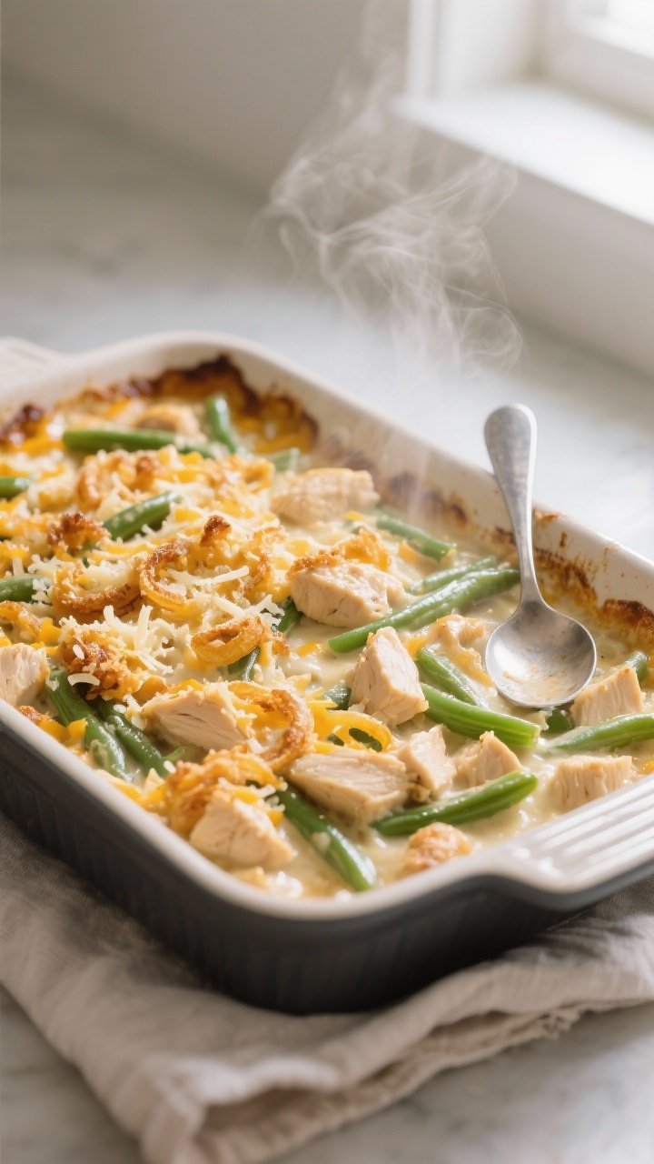 Chicken and Green Bean Casserole Recipe That Breaks the Internet (and Your Dinner Rut) 1 Close-up detail/cooking process: A 9x13 baking dish just out of the oven with the Chicken and Green
