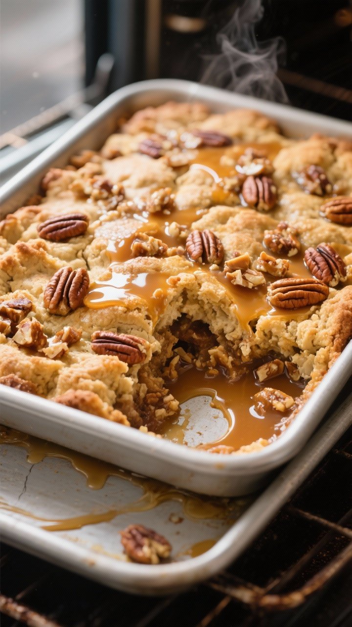 Close-up detail, cooking process: A 9x13-inch baking dish fresh from the oven showing the pecan pie 