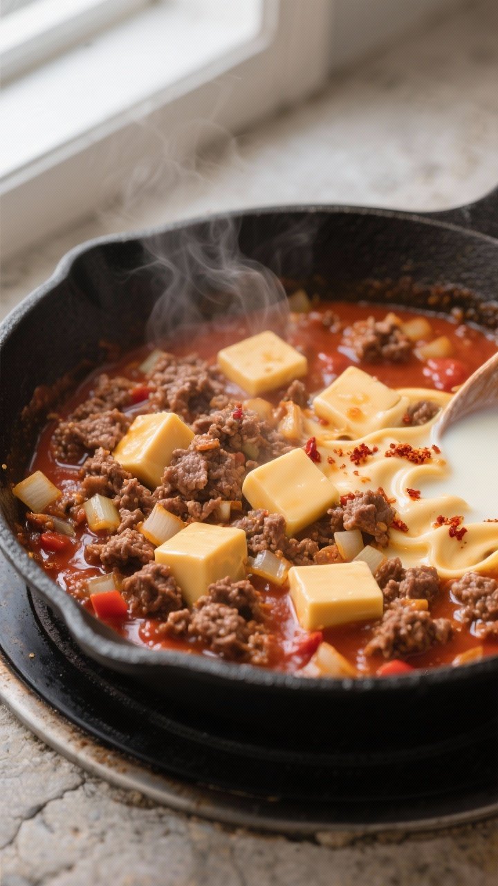 Stop Overthinking Dinner: Creamy Velveeta Beef and Bowtie Pasta That Wins Every Weeknight 1 Close-up detail, cooking process: A large skillet on the stovetop with browned, crumbled ground beef