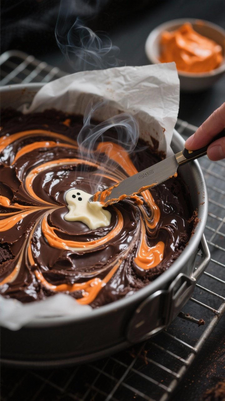 Haunted Swirls: Halloween Cream Cheese Swirl Brownies That Disappear Faster Than Candy 1 Close-up detail, cooking process: An 8-inch metal pan filled with partially swirled Halloween cream