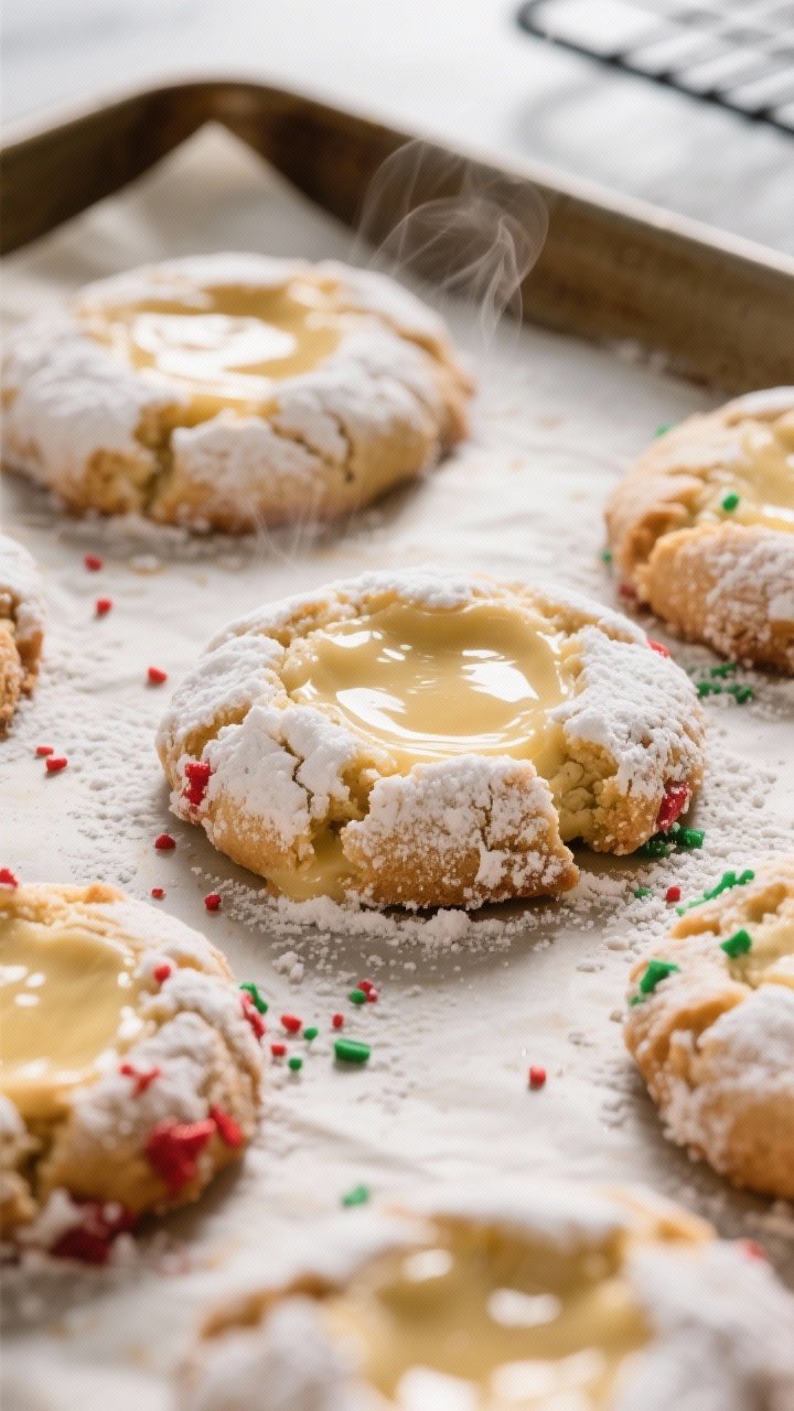 Christmas Ooey Gooey Butter Cookies: The Melt-In-Your-Mouth Magic Your Holiday Table’s Been Missing 1 Close-up detail, cooking process: Freshly baked ooey gooey butter cookies just out of the oven on a