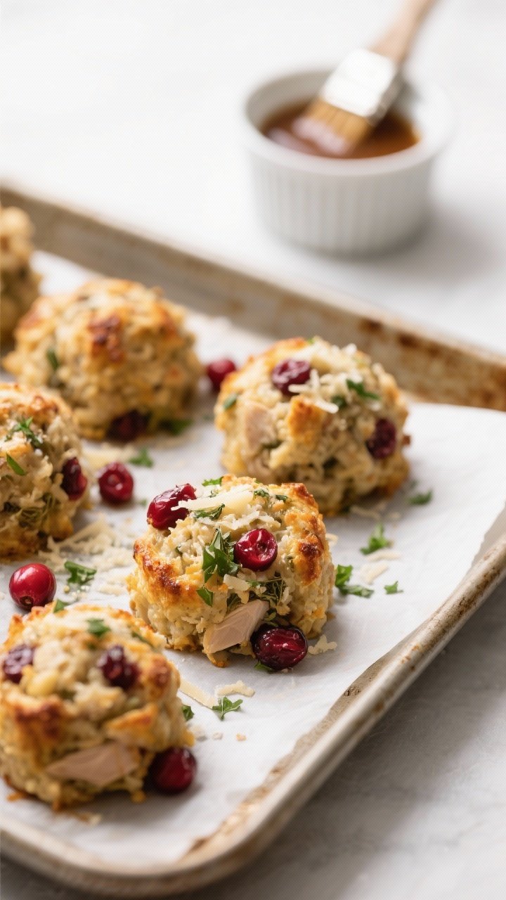 Close-up detail/cooking process: Golden-baked cranberry turkey stuffing balls on a parchment-lined s