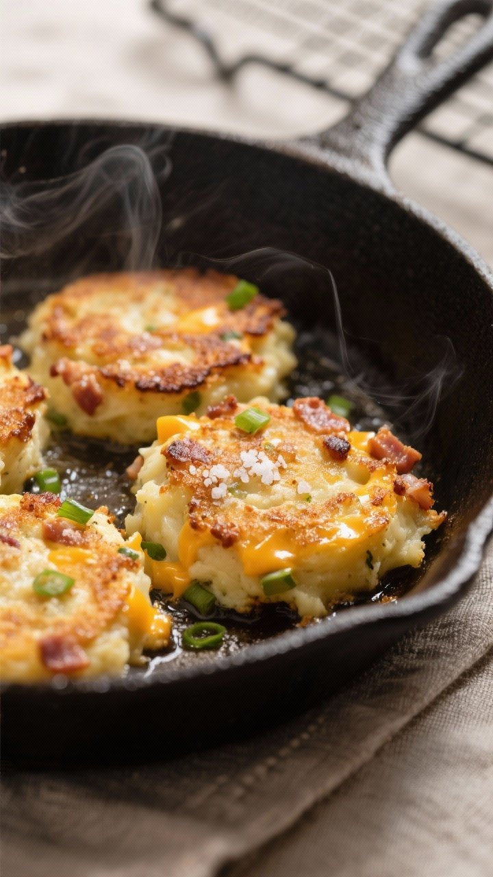 Close-up detail, cooking process: Golden-brown loaded mashed potato cakes sizzling in a cast-iron sk