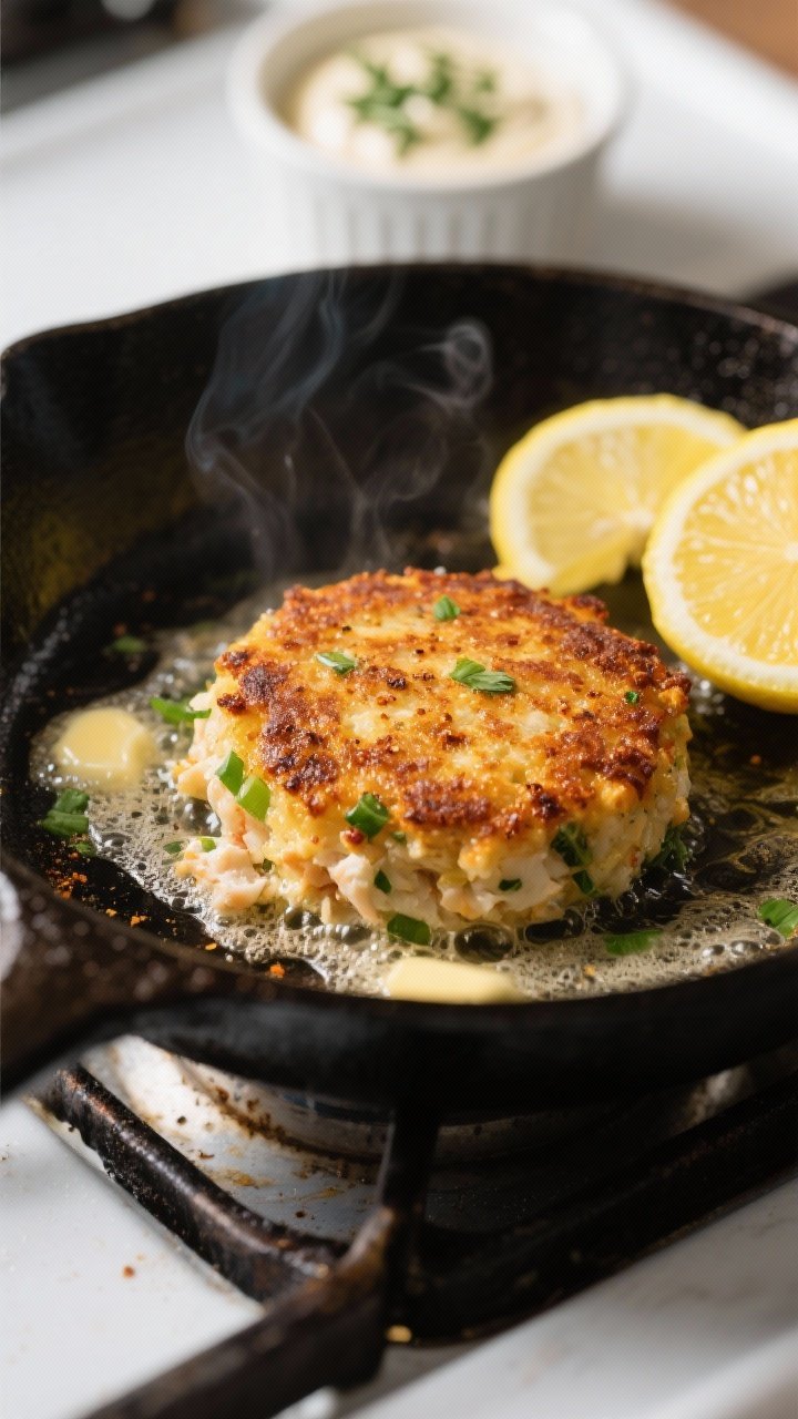 Crab Cakes with Canned Crab Meat That Taste Like a Coastal Vacation (Without the Price Tag) 1 Close-up detail, cooking process: Golden crab cakes sizzling in a cast-iron skillet, mid-sear, with