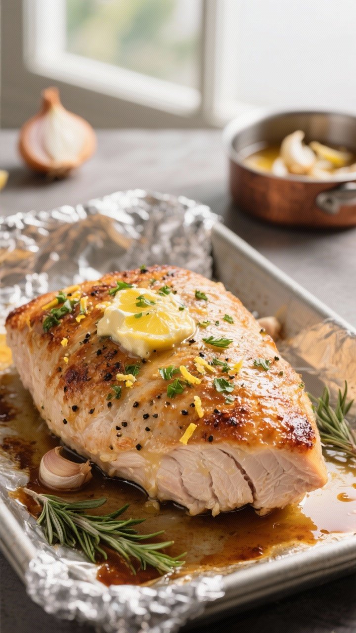 Roasted Garlic & Herb Turkey Breast That Breaks the Internet (And Your Dinner Rut) 1 Close-up detail, cooking process: Herb-buttered turkey breast just out of the oven at 375°F, skin-o