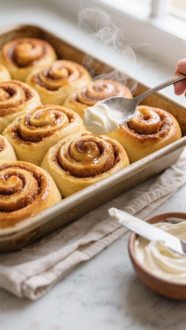 Close-up detail, cooking process: Mini pumpkin cinnamon rolls just out of the oven in a buttered 9x1
