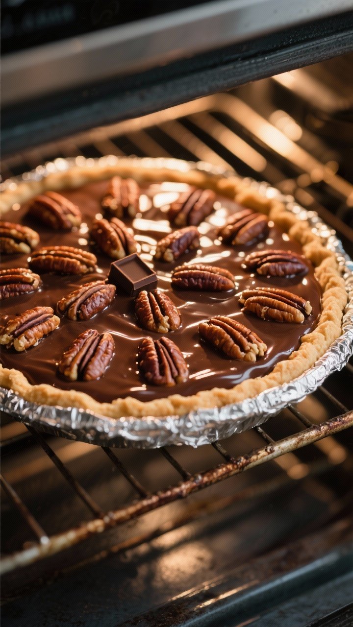Close-up detail, cooking process: Texas Chocolate Pecan Pie mid-bake on a lower oven rack, shot thro