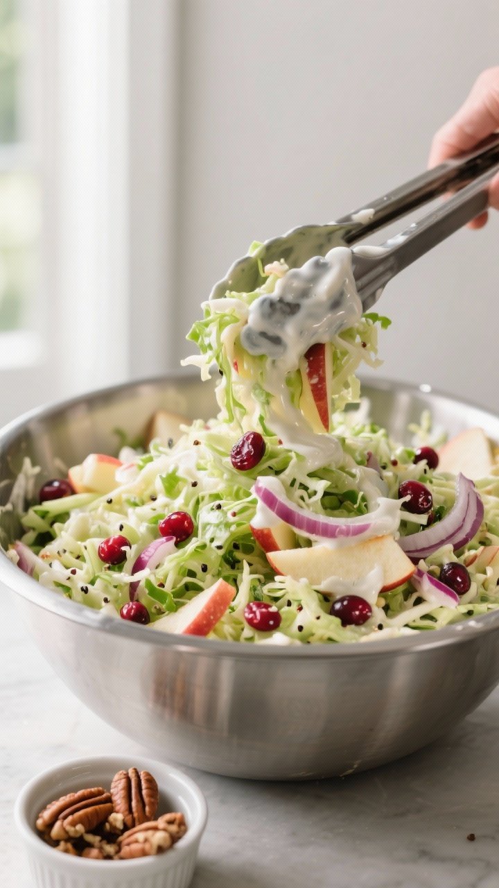 Close-up detail, cooking process: Tossing apple cranberry coleslaw in a large stainless steel mixing