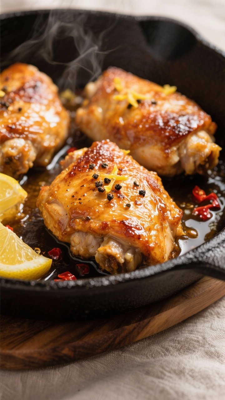 Sticky, Zesty, Irresistible: Honey Garlic Lemon Pepper Chicken Thighs You’ll Crave Weekly 1 Close-up detail: Crispy-skinned honey garlic lemon pepper chicken thighs just out of the oven in a b