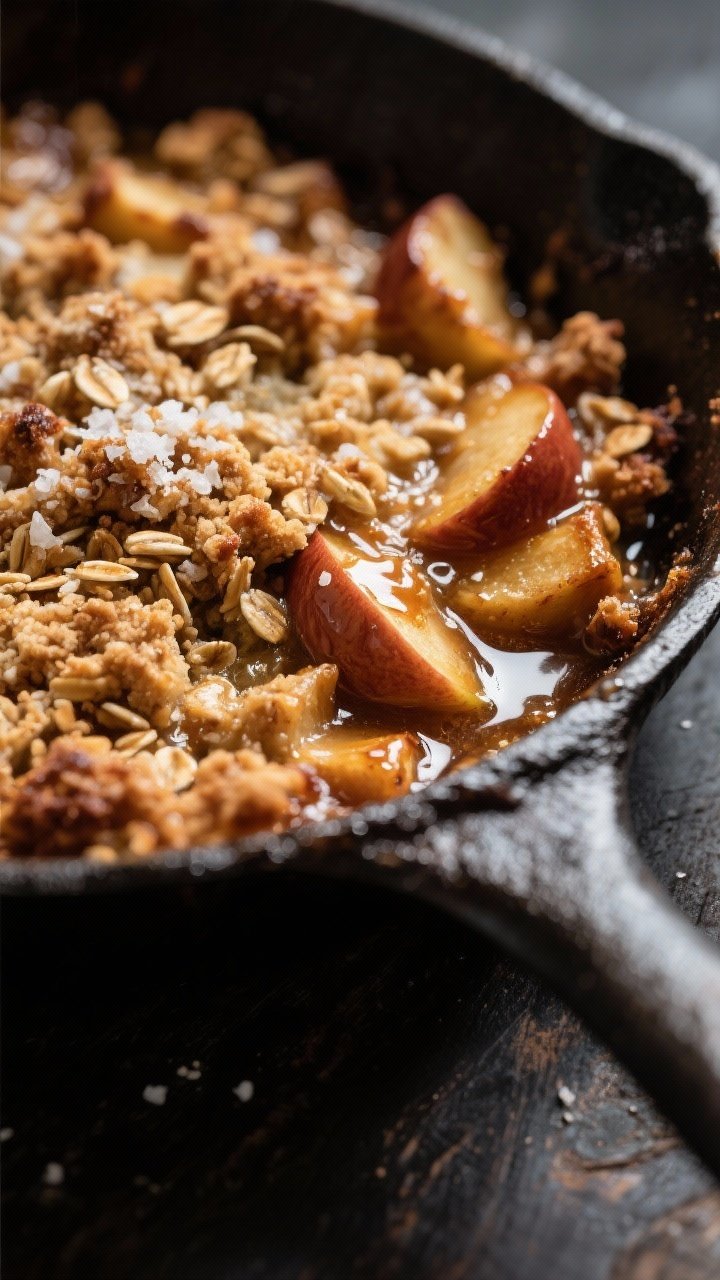 Apple Crisp Skillet with Brown Butter: Because Regular Butter is for Quitters 3 Close-up detail: Gooey apple crisp bubbling in a cast-iron skillet just out of the oven, showcasing