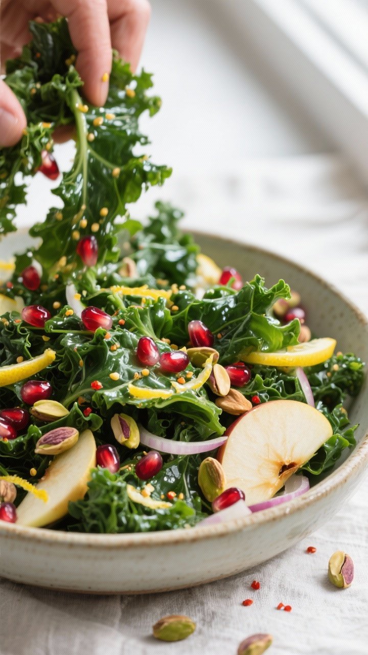 Close-up detail: Massaged kale salad mid-toss in a wide ceramic bowl, glossy ribbons of deep-green k