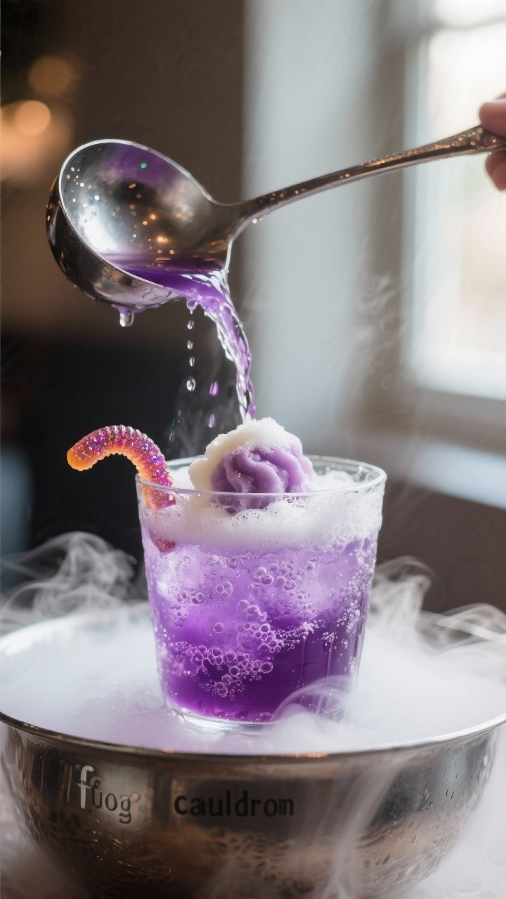Kid Friendly Hocus Pocus Punch – Non Alcoholic Halloween Party Drink 2 Close-up detail of a ladle pouring the prepared punch into a clear glass cup, capturing the cascade