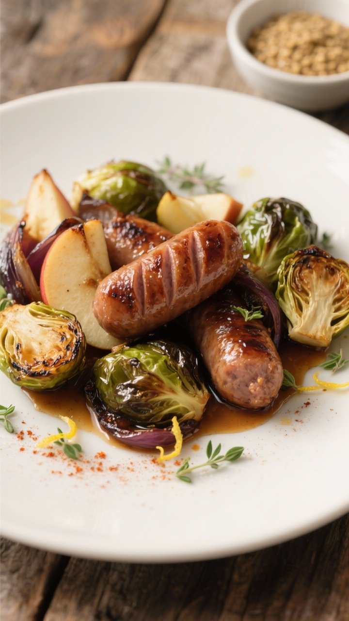 Close-up detail of a plated serving: thick coins of browned sausage nestled among deeply roasted Bru