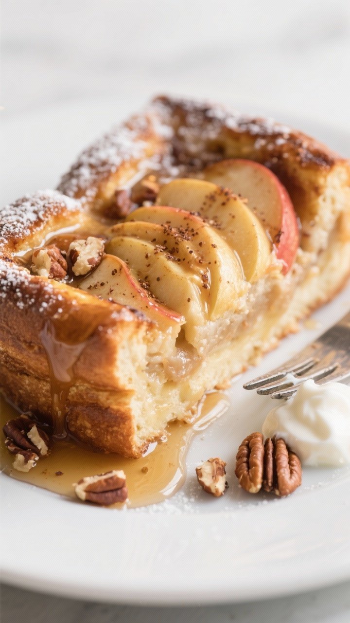 Thanksgiving Breakfast Recipes - Apple Cinnamon French Toast Casserole 2 Close-up detail of a plated slice of Apple Cinnamon French Toast Casserole: custardy brioche interio