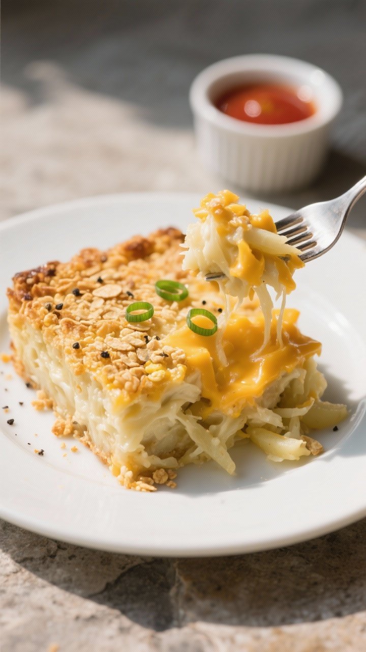Potato Casserole with Corn Flakes: The Crispy-Top Comfort Bomb Everyone Begs You to Bring 2 Close-up detail of a plated square of the casserole with a forkful lifted to show creamy, tender shr