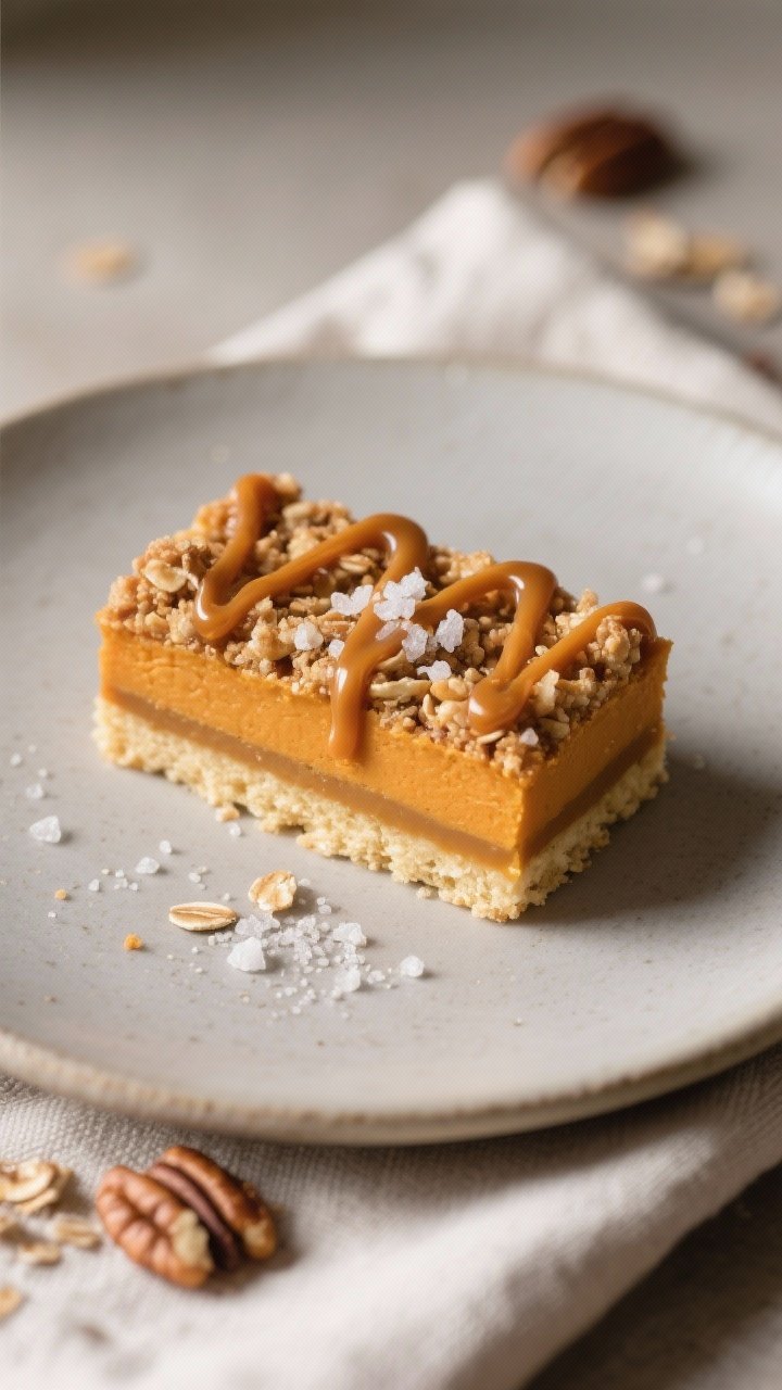 Salted Caramel Pumpkin Crunch Bars: The Fall Dessert That Breaks the Internet (and Diets) 2 Close-up detail of a single chilled bar on a matte stoneware plate, sharp, bakery-clean slice showca