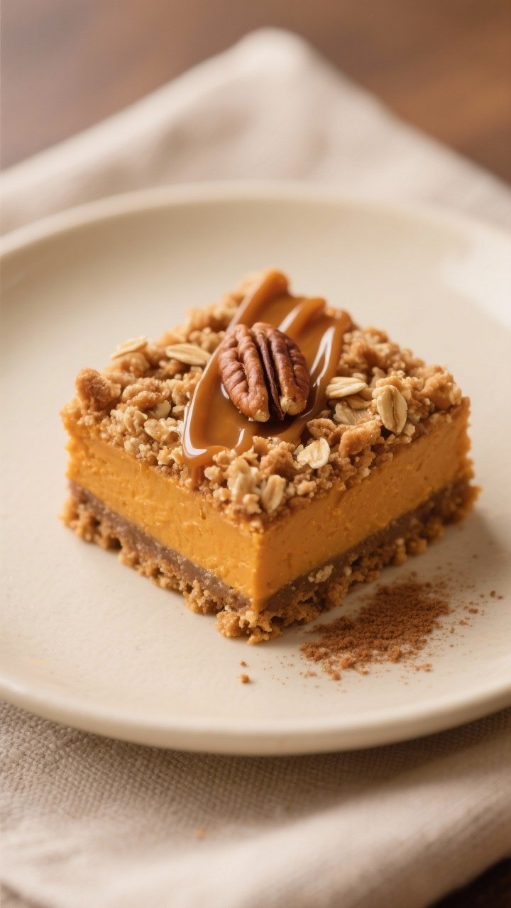 Pumpkin Streusel Bars with Gingersnap Crust: The Cozy, Crunchy Fall Treat You’ll Brag About 2 Close-up detail of a single plated Pumpkin Streusel Bar on a matte cream dessert plate, sharp square