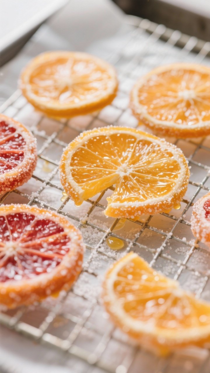 Close-up detail of candied orange slices mid-process on a wire rack after low-and-slow simmering: tr