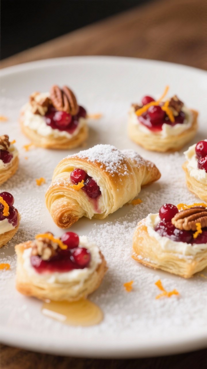 Cranberry Cream Cheese Crescent Bites That Disappear Before the Plate Hits the Table 2 Close-up detail of plated Cranberry Cream Cheese Crescent Bites on a matte white platter, arranged c