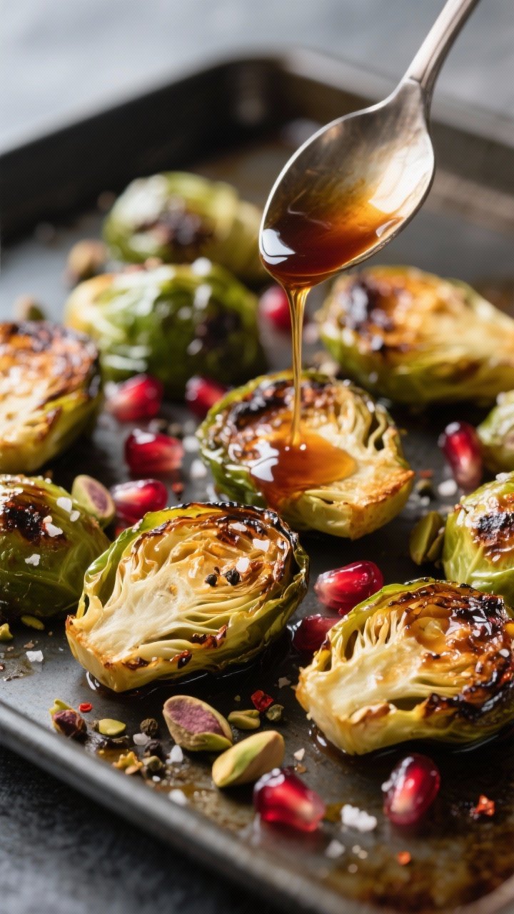 Roasted Brussels Sprouts with Pomegranate Glaze: The Side Dish That Steals the Whole Show 1 Close-up detail of roasted Brussels sprouts straight from a preheated sheet pan at 425°F, cut sides