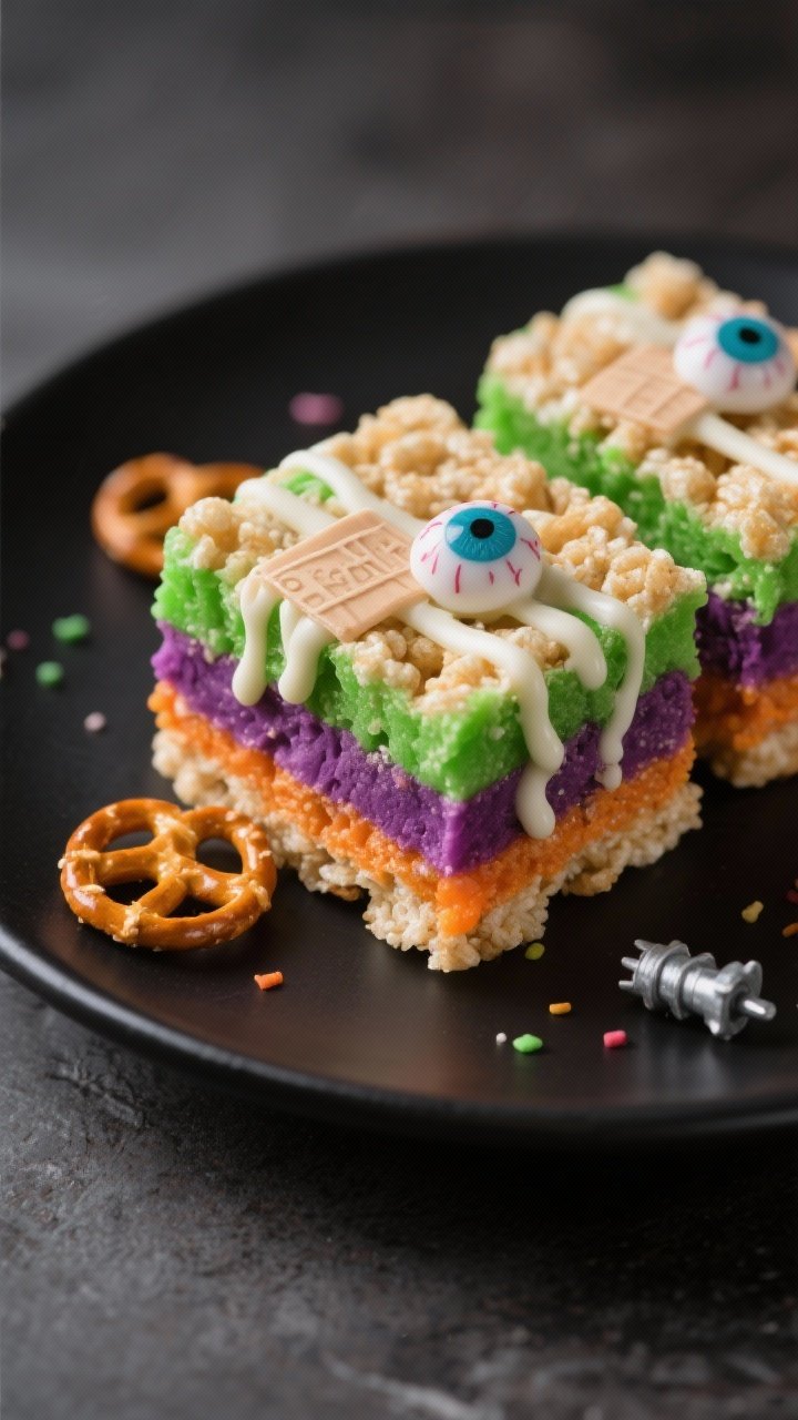 Close-up detail of sliced Monster Rice Krispie Treat bars stacked on a matte black plate, showing th