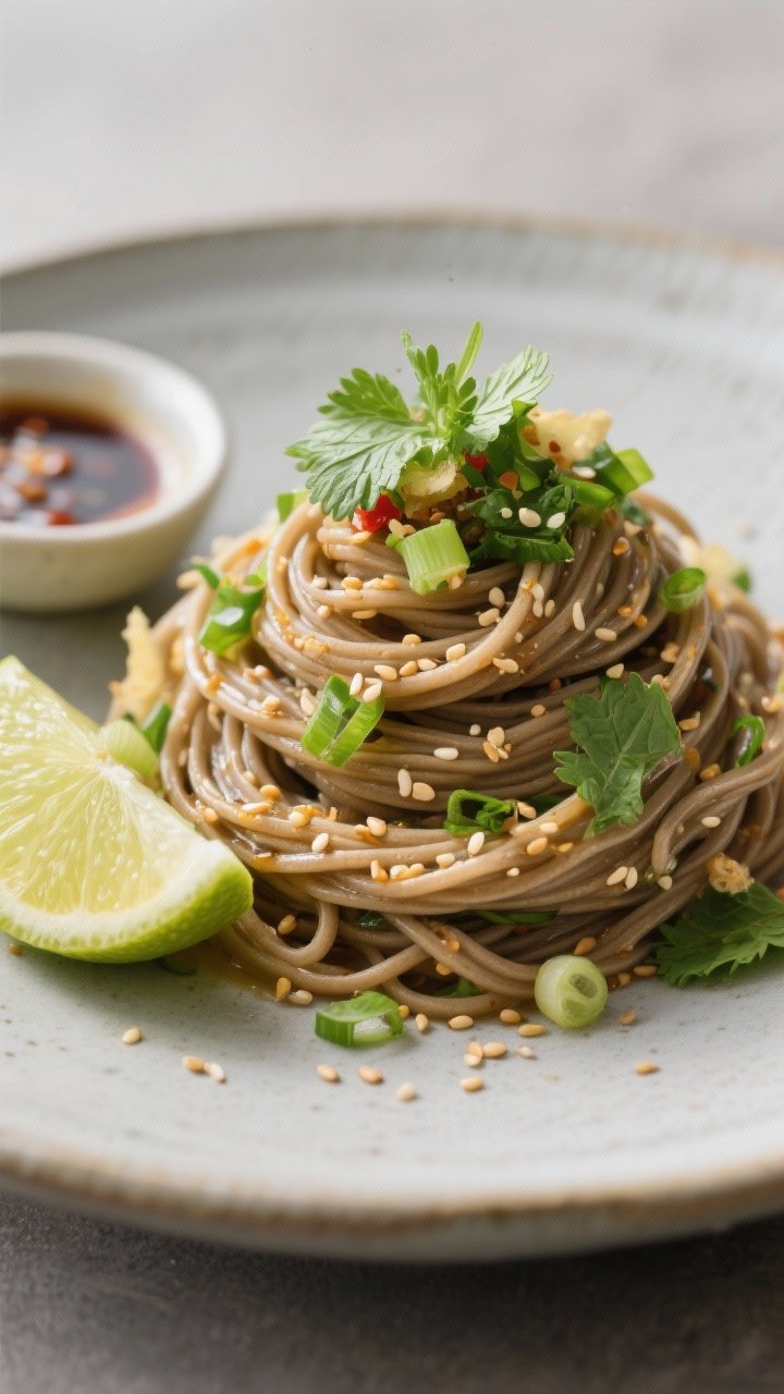 Close-up detail of the final plated cold soba noodle salad twirled into a neat nest on a matte ceram