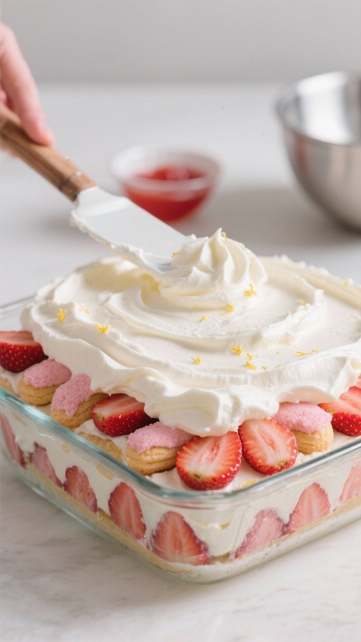 Close-up detail of the second layer going on: a snug layer of strawberry-dipped Savoiardi in an 8x8 