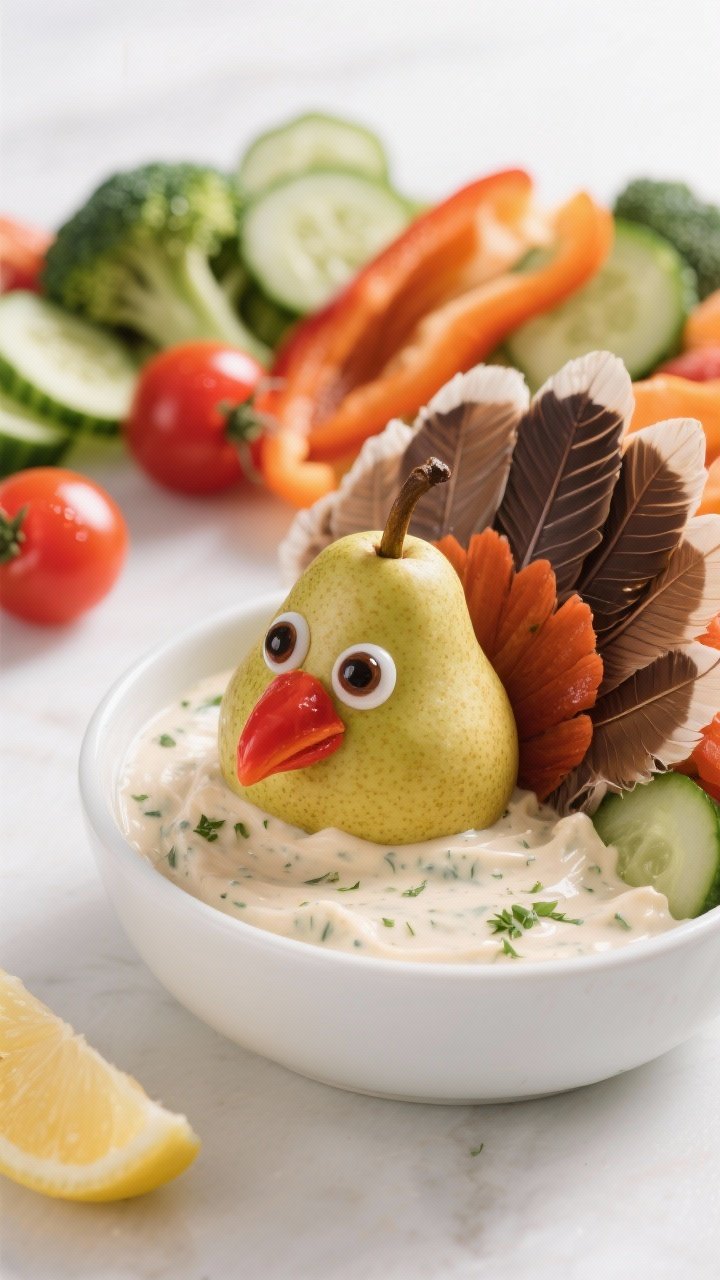 Turkey Veggie Tray Thanksgiving: The Viral Centerpiece Your Guests Will Actually Eat 2 Close-up detail of the turkey’s face and inner feather layers: focusing on the pear “head” wit