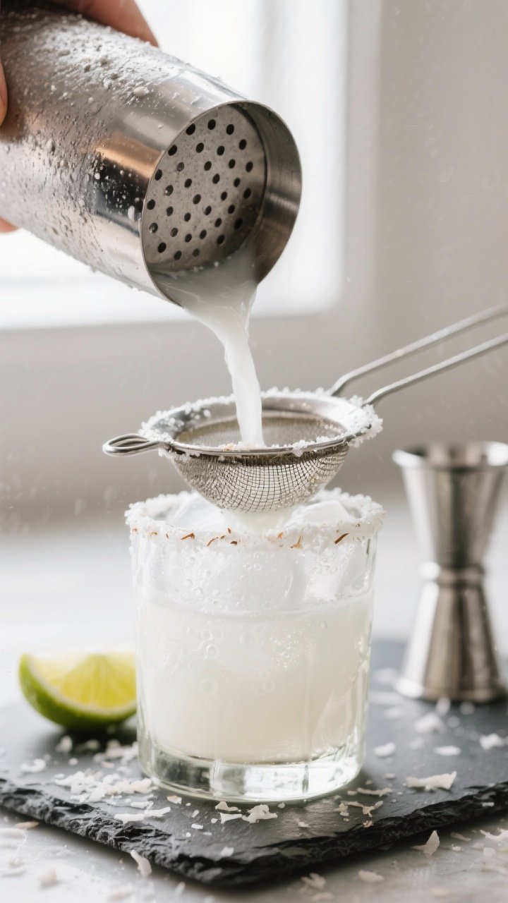 The White Christmas Margarita Recipe That Breaks the Internet (Creamy, Coconutty, Unbelievably Festive) 1 Close-up detail, process-in-action: A frosty stainless cocktail shaker just opened after a vigorous