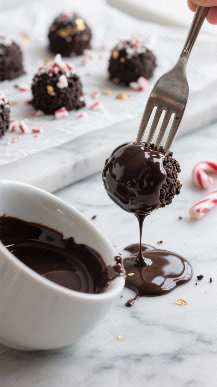Christmas Oreo Balls Recipe: 3 Ingredients, Zero Stress, Crowd Goes Wild 1 Close-up detail, process moment: Chilled Oreo truffle being dipped in glossy dark chocolate with a f