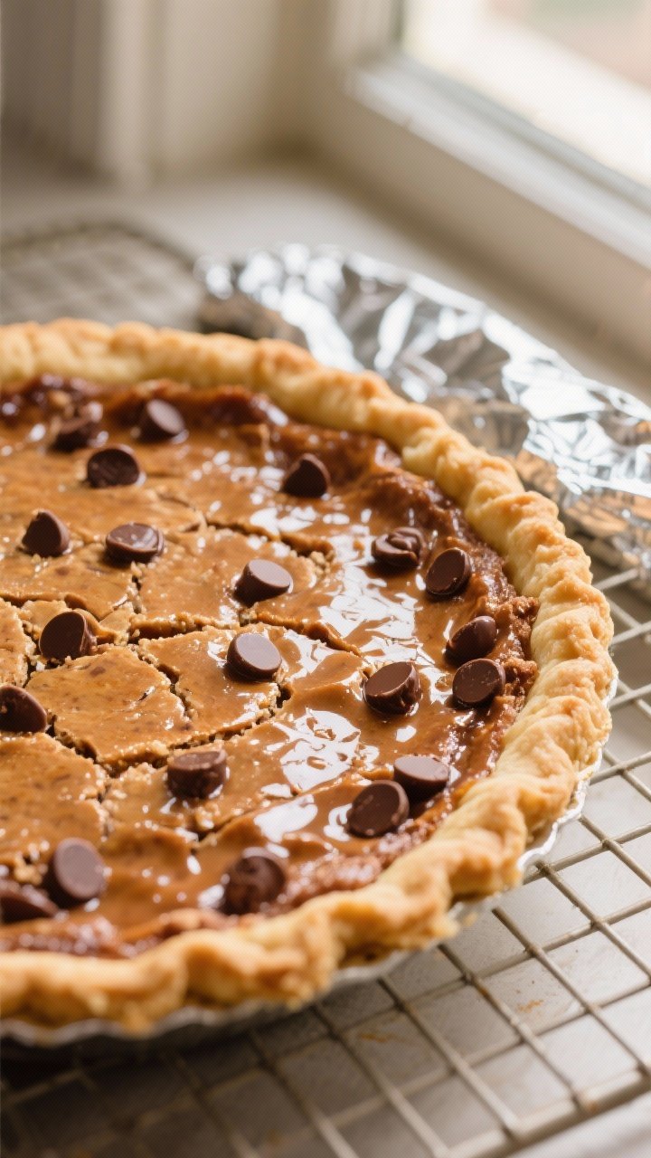 Close-up detail/process shot: A partially baked Toll House chocolate chip pie just pulled from the o