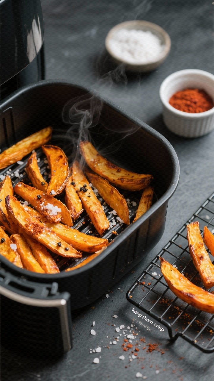 Close-up detail/process shot: Air fryer basket filled with a single, even layer of cooked butternut 