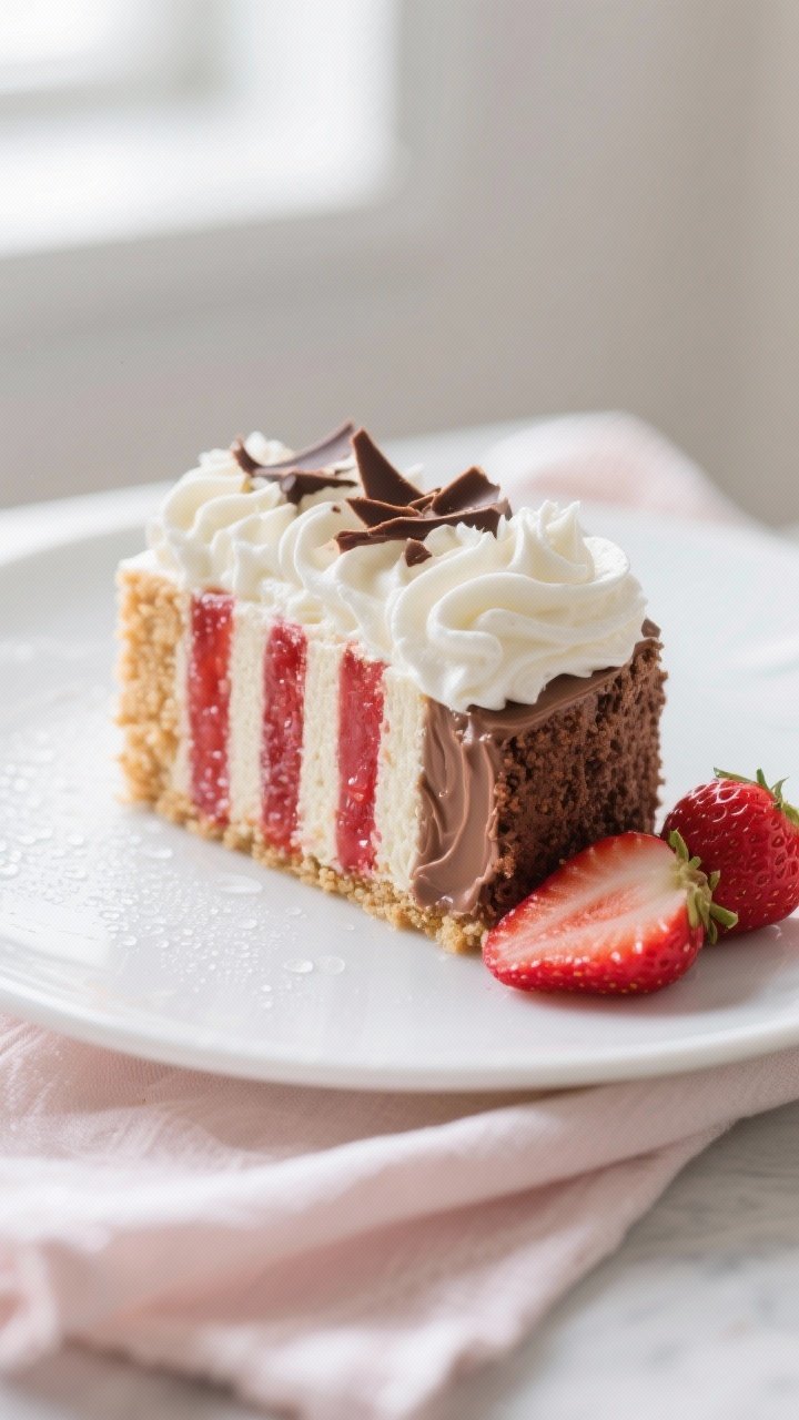 Close-up detail shot: A chilled slice of Neapolitan poke cake on a white dessert plate, showing ultr