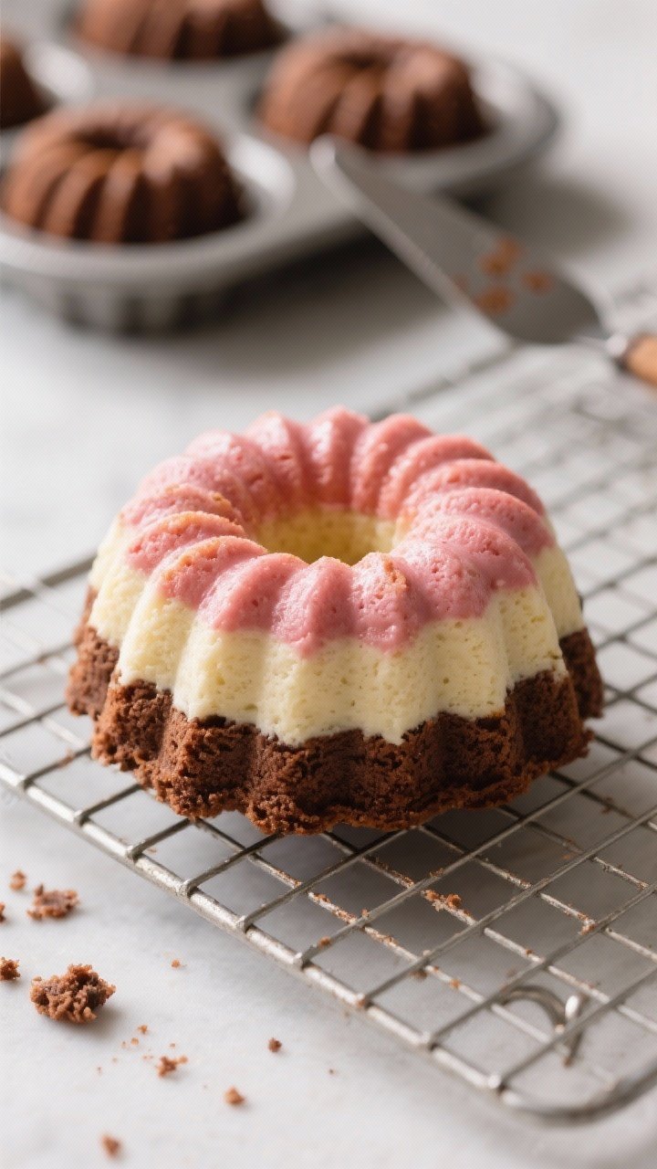 Mini Neapolitan Bundt Cakes – Perfect for Gifting: Bite-Sized Showstoppers That Make You Look Like a Pro 1 Close-up detail shot: A freshly baked mini Neapolitan Bundt cake just released from the pan, showing