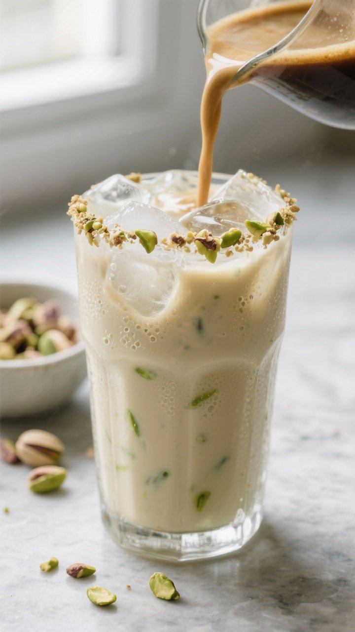 Pistachio Iced Latte: The Creamy, Crunchy, Coffee Hack Your Afternoon Is Begging For 1 Close-up detail shot: A frosty tall glass of pistachio iced latte mid-pour, creamy espresso–milk m
