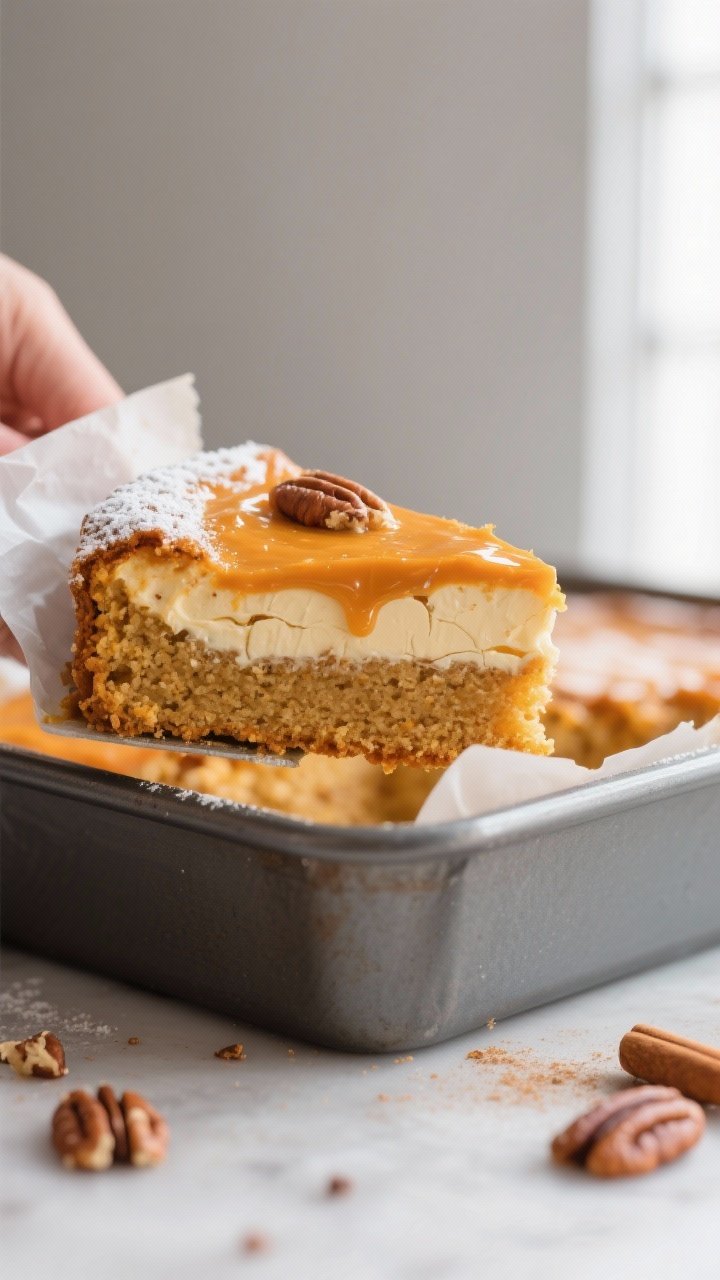 Close-up detail shot: A just-baked slice of Paula Deen Pumpkin Gooey Butter Cake being lifted from a