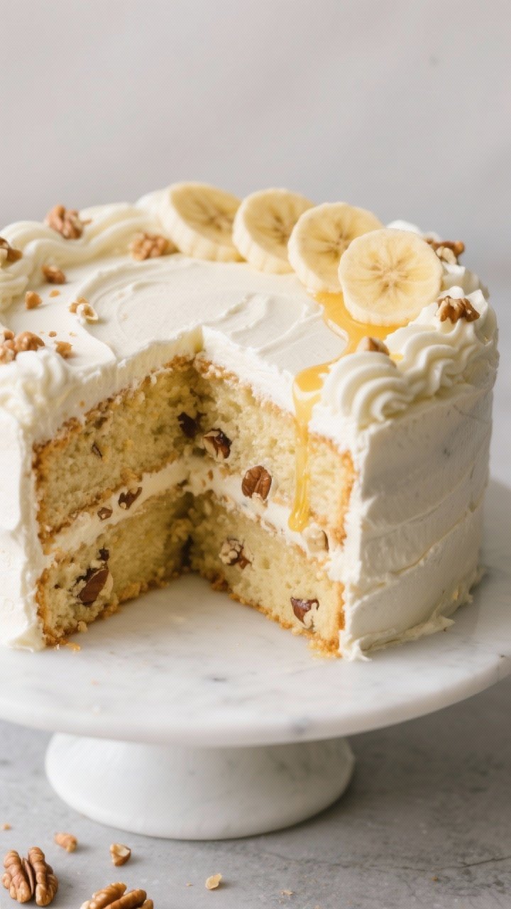 This Heavenly Banana Walnut Cream Cake Will Make You Ghost Your Favorite Bakery — And It’s Not Sorry 1 Close-up detail shot: A just-sliced banana walnut cream layer cake showing two moist, pillowy banana