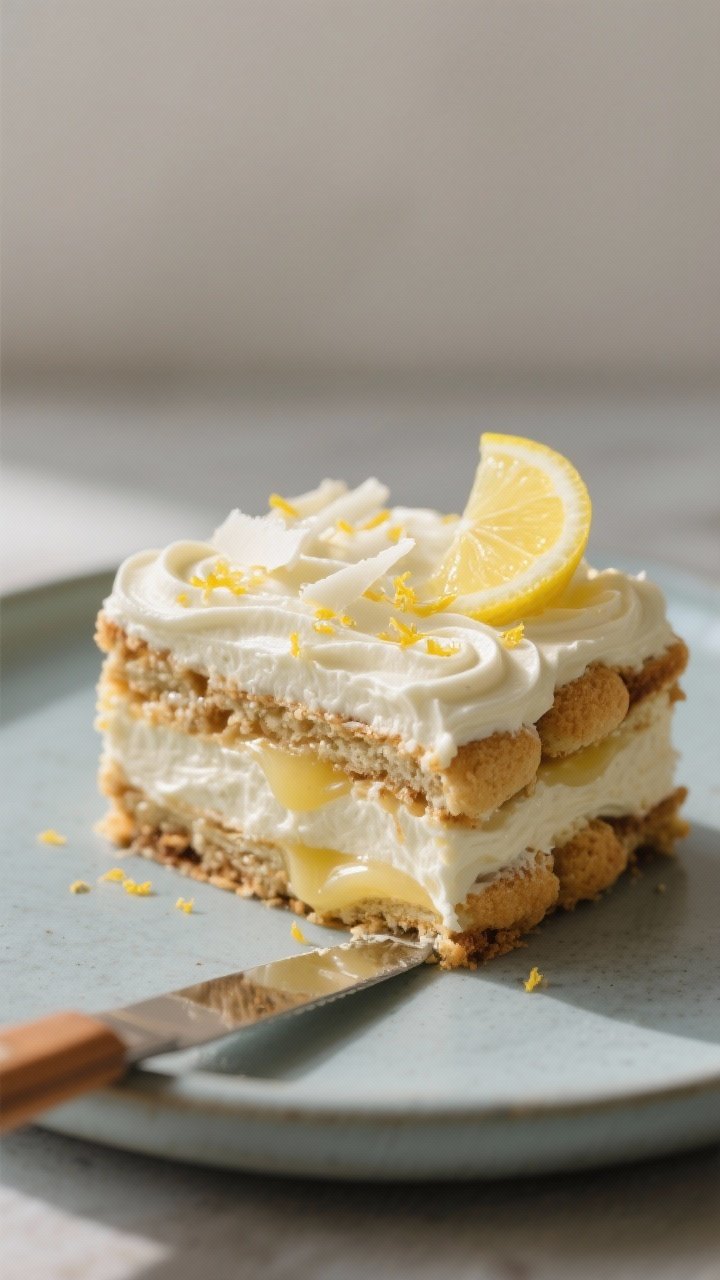 Close-up detail shot: A slice of lemon tiramisu lifted cleanly from a 9x9 pan, showing sharp, define